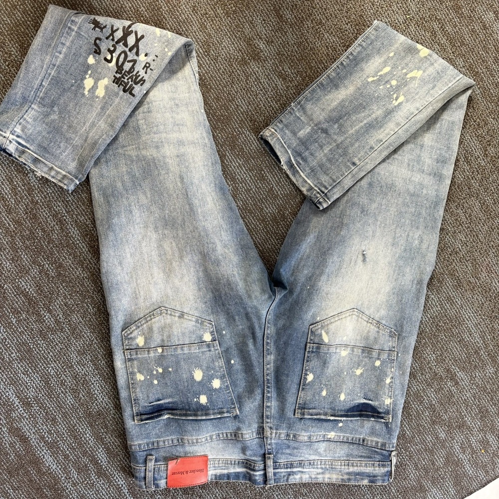 Bleecker & Mercer Mens Jeans 36x32 Skinny Fit Distressed Ripped Light Wash Blue - Picture 7 of 7